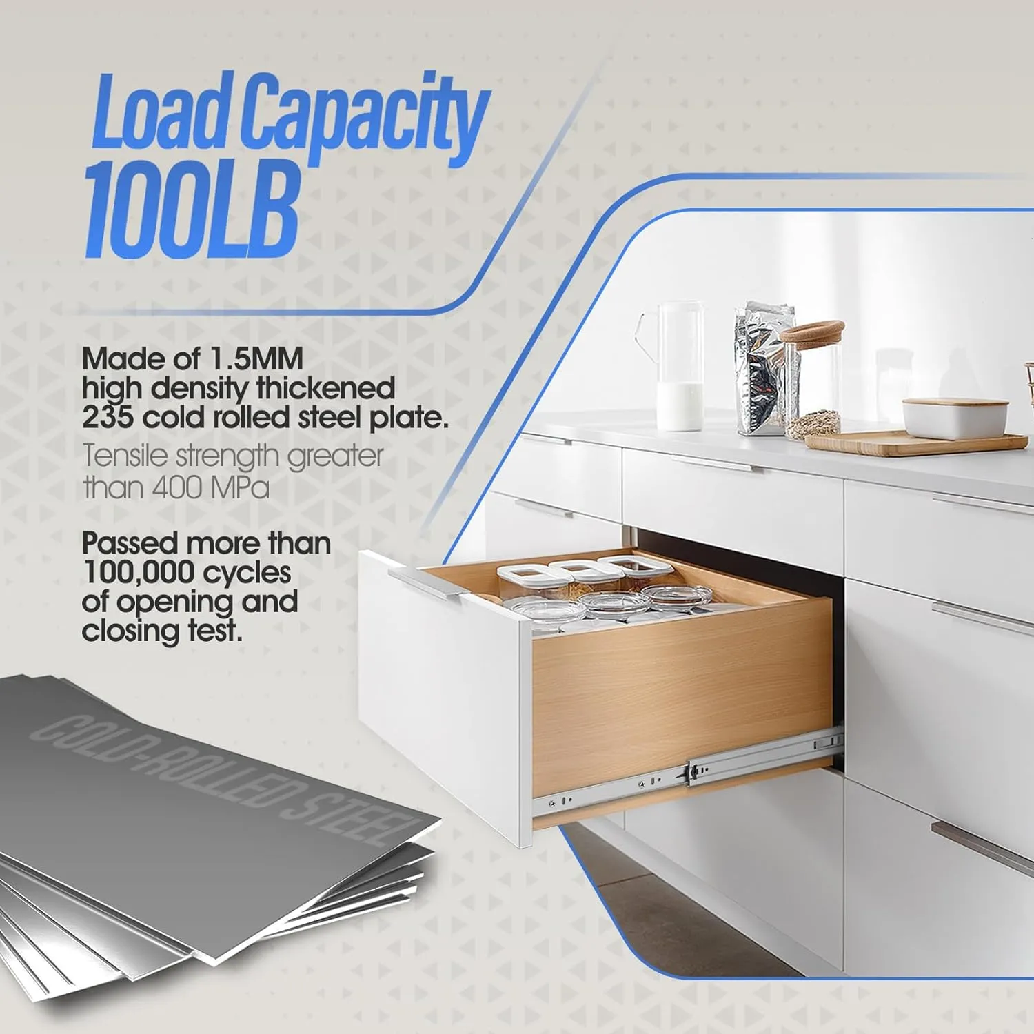 1 Pair Full Extension Ball Bearing Drawer Slides 8 10 12 14 16 18 20 22 24 Inch 100 LB Load Capacity Side Mount File Cabinet Rails Dresser Metal Runner Trash Can Kitchen (16 inch, Sliver)