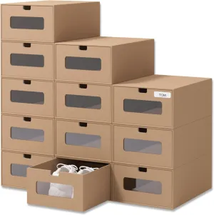 12 Pack Shoe Storage Bins Big Size(13.8'' x 9.6'' x 5.7''),Waterproof Storage Boxes,Shoe Containers For Sneaker Display,Hat Organizer,Stack-able Cardboard Boxes,with Marking Labels,Transparent Window