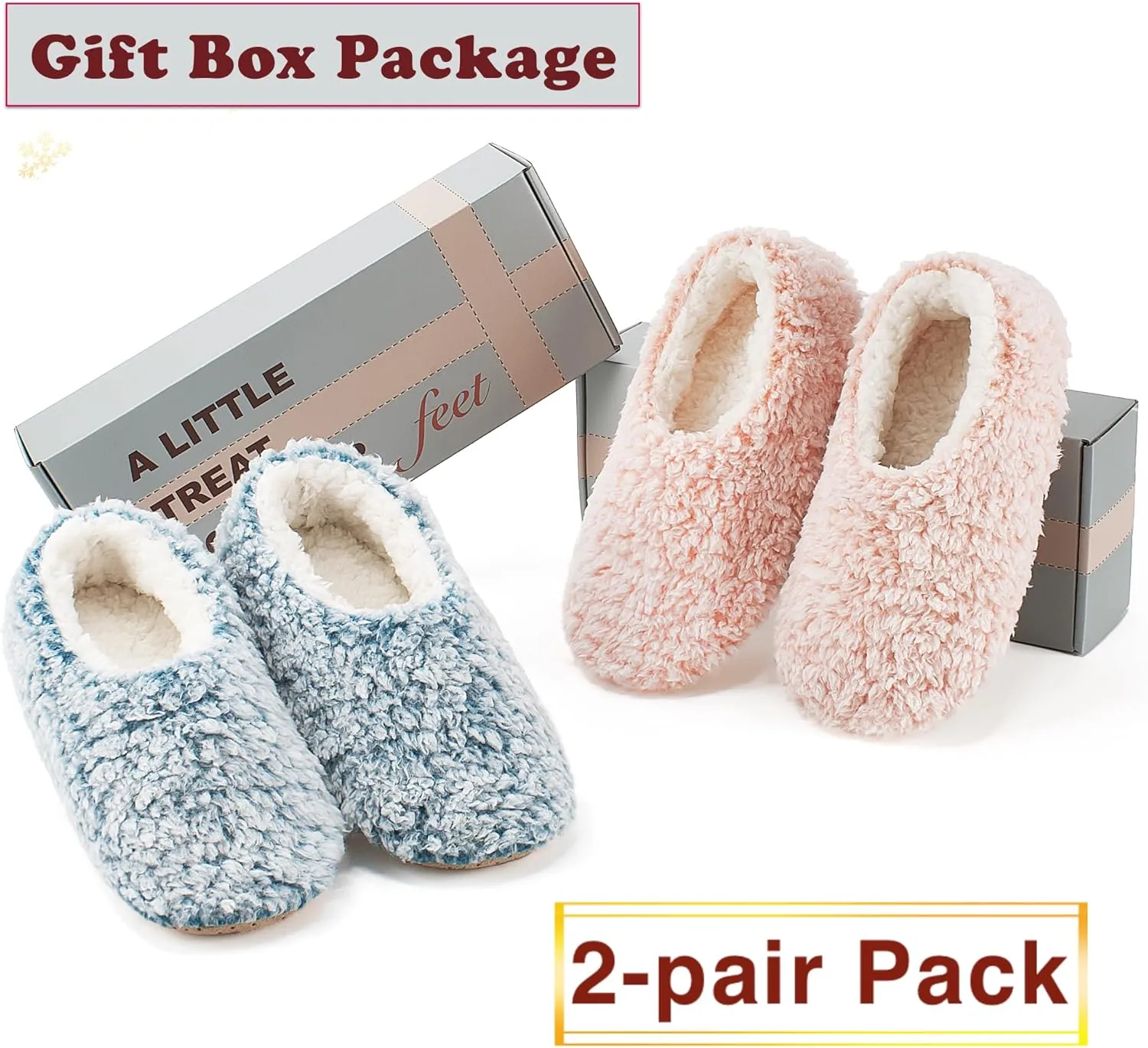 2-Pair Thick Warm Fuzzy Slippers for Women Indoor Fluffy Sherpa Lined, Winter House Shoe Socks Non-Slip Soft Soles, Cozy Christmas Gifts