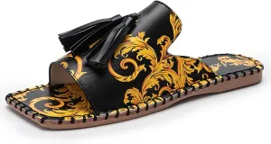 2021 Square Toe Sandals Flat Shoes Women Summer Fashion Flower Tassel Design Open Toe Slippers Hand Made, Sandals & Slides Indoor Outdoor Slip On Sandal (Color : Black, Size : EUR 41)