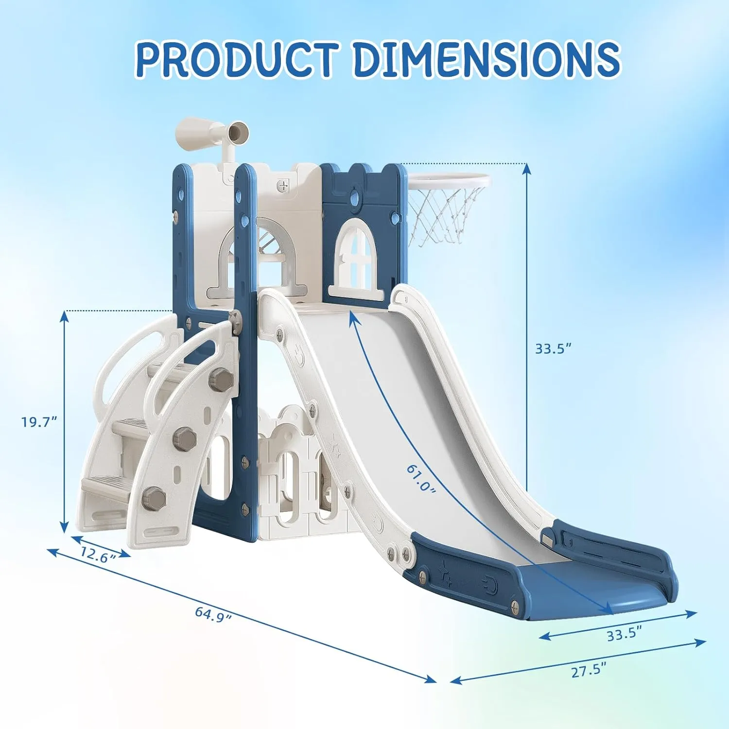 6 in 1 Toddler Slide for Toddler Age 1-3,Kids Climber Slider for Indoor Outdoor Playground with Basketball Hoop,Storage and Telescope,L Shaped Slide for Toddler Climber Playset