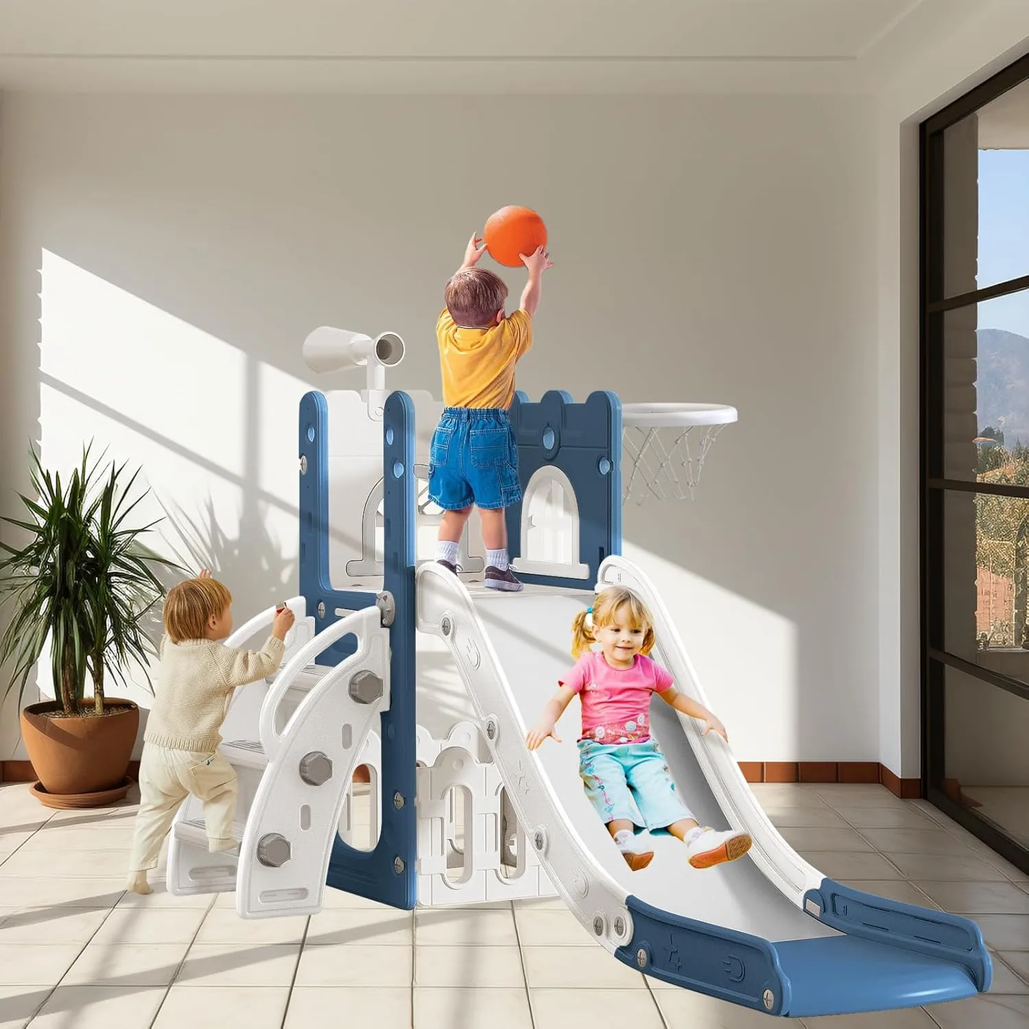 6 in 1 Toddler Slide for Toddler Age 1-3,Kids Climber Slider for Indoor Outdoor Playground with Basketball Hoop,Storage and Telescope,L Shaped Slide for Toddler Climber Playset