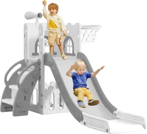 6 in 1 Toddler Slide,Kids Climber Slider for Indoor Outdoor Playground with Basketball Hoop,Storage and Telescope,L Shaped Slide for Toddler Climber Playset