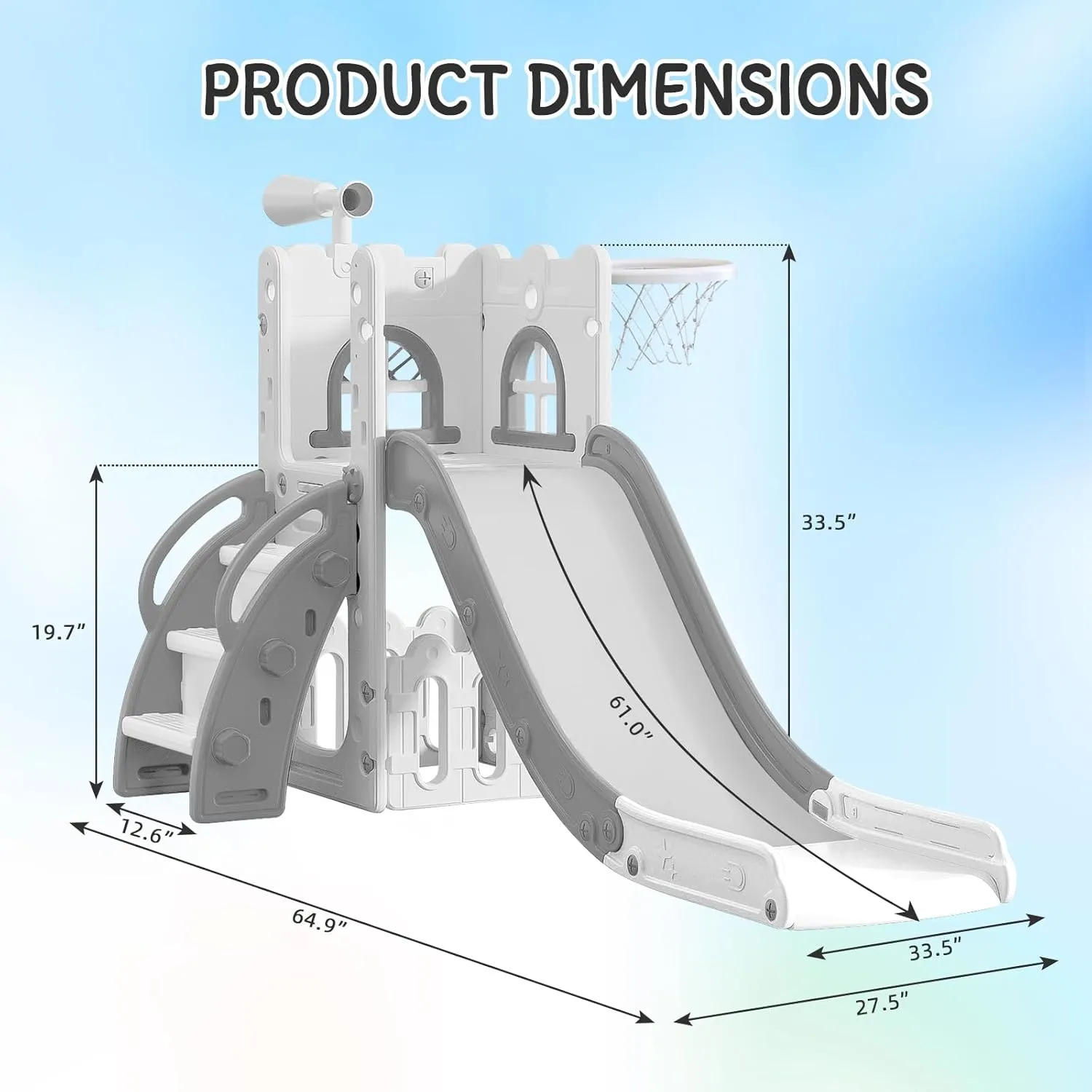 6 in 1 Toddler Slide,Kids Climber Slider for Indoor Outdoor Playground with Basketball Hoop,Storage and Telescope,L Shaped Slide for Toddler Climber Playset