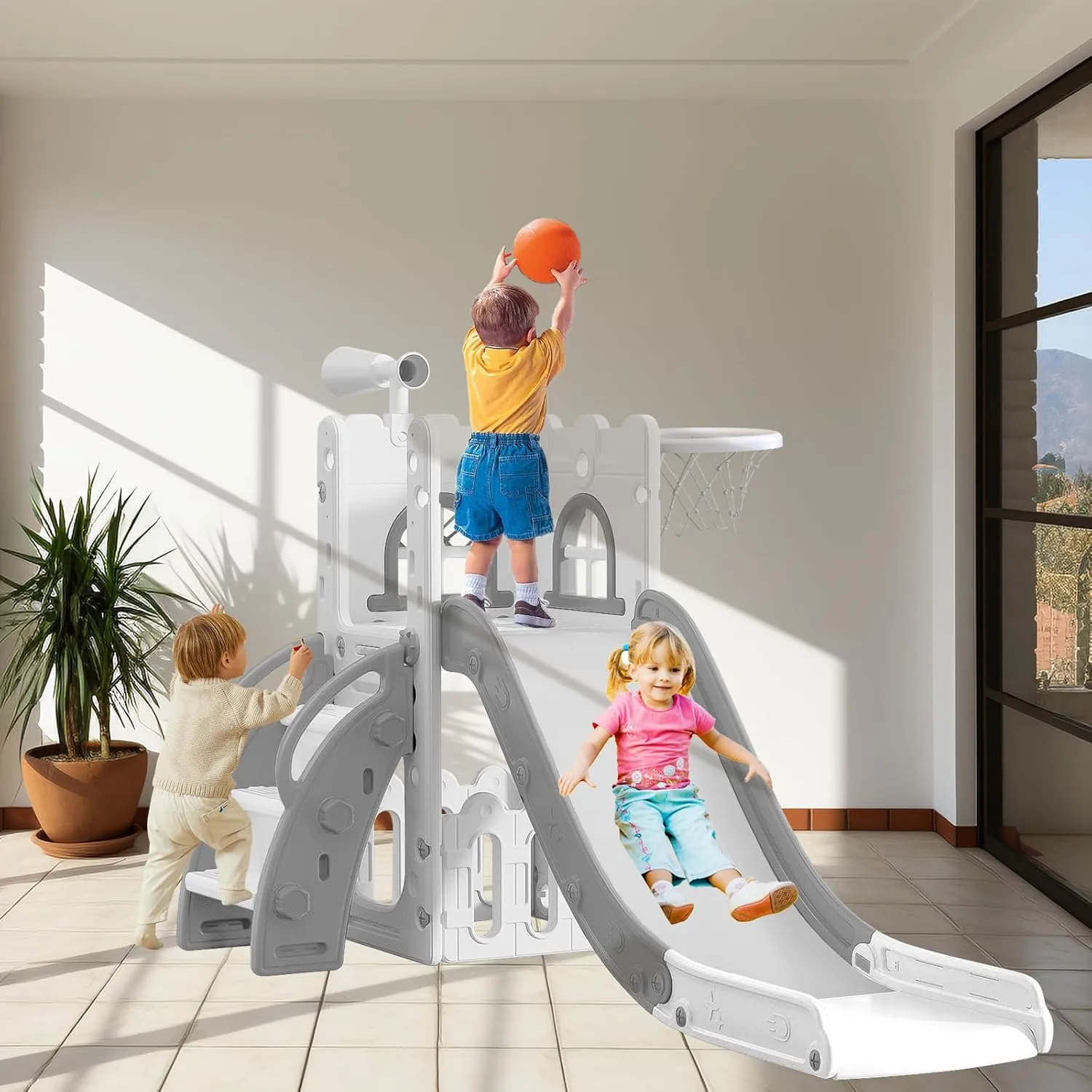 6 in 1 Toddler Slide,Kids Climber Slider for Indoor Outdoor Playground with Basketball Hoop,Storage and Telescope,L Shaped Slide for Toddler Climber Playset