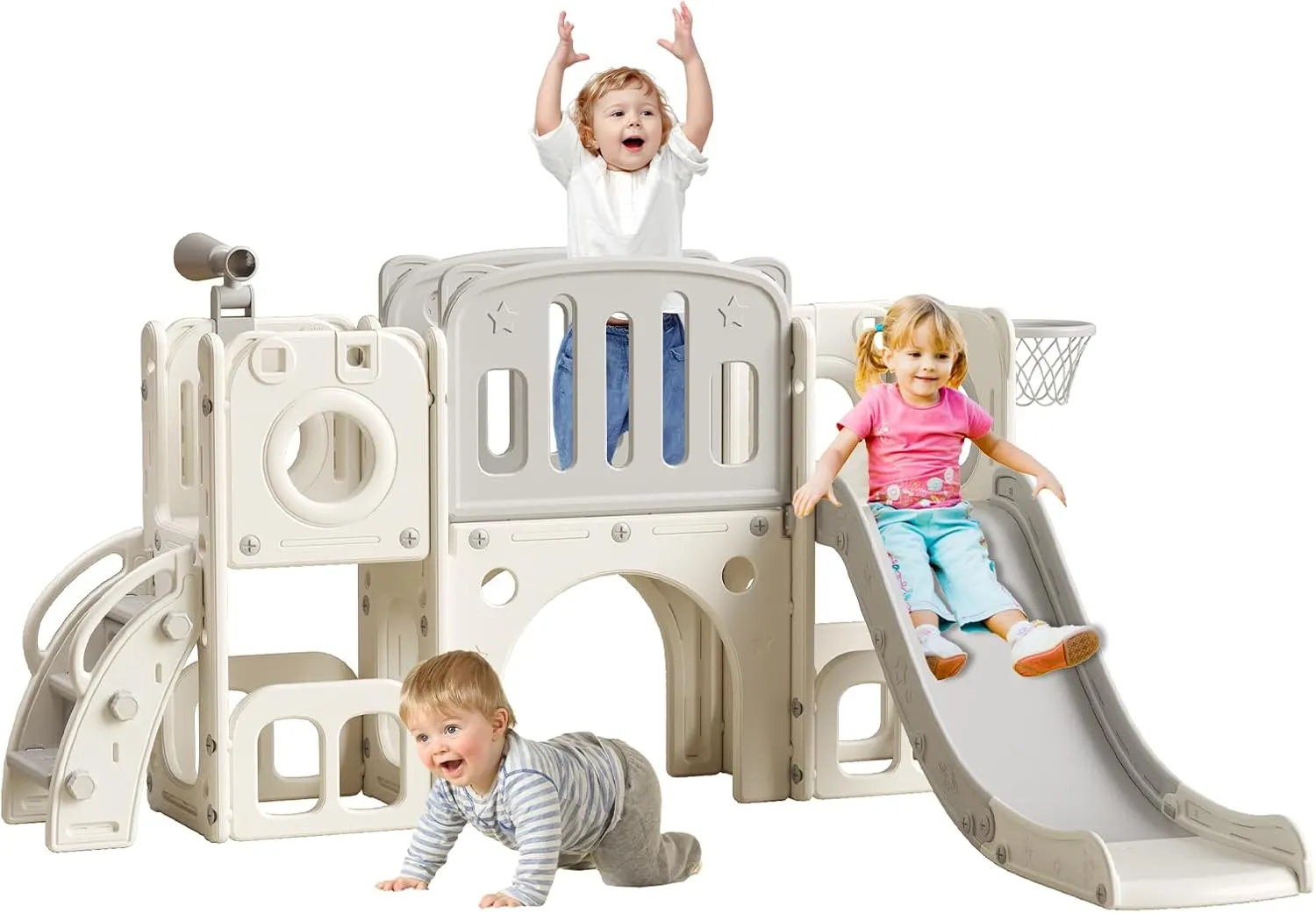 8 in 1 Slide for Toddlers, Kids Outdoor & Indoor Playset with Ball & Hoop, Non-Slip Steps, Storage Space - Gift for Boys & Girls 1-3 Years (White & Gray)