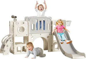 8 in 1 Slide for Toddlers, Kids Outdoor & Indoor Playset with Ball & Hoop, Non-Slip Steps, Storage Space - Gift for Boys & Girls 1-3 Years (White & Gray)