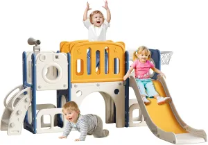 8 in 1 Toddler Slide,Kids Slide Playset for Toddler,Indoor Outdoor Slide Toddler Playset with Ball & Hoop, Storage Space and Non-Slip Steps,Gift for Boys and Girls 1-3 Years (Blue Orange)