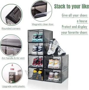 9 Pack X-Large Shoe Box, Thicken&Sturdy Shoe Storage Box with Clear Magnetic Door, Stackable Shoe Organizer with Solid Plastic, Drop Front Shoe Rack for Sneaker Display Fit up to US Size 12 (Black)