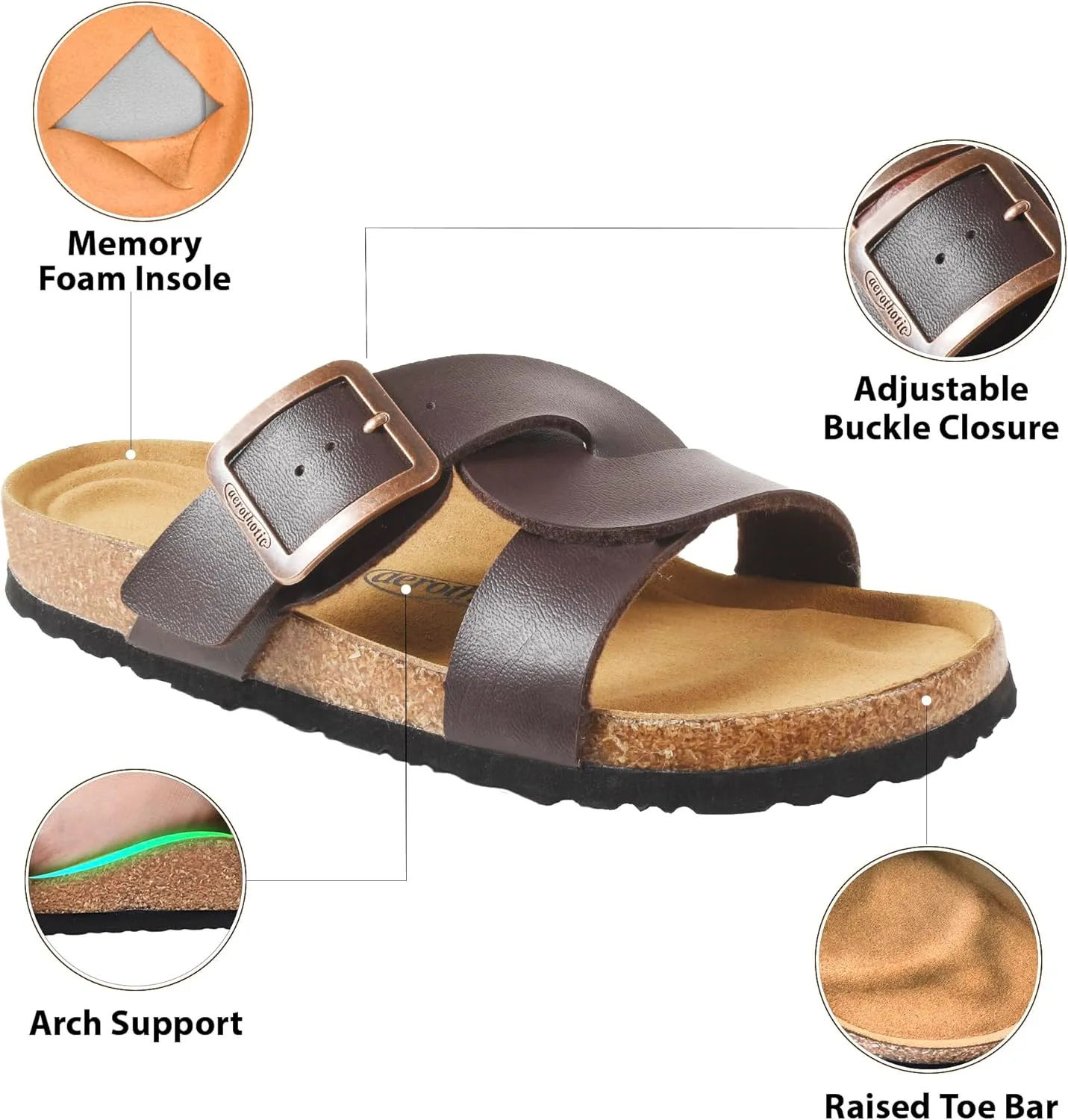 AEROTHOTIC Cork Recovery Slides for Women with Plantar Fasciitis Relief Comfortable Suede Footbed with Adjustable Buckle Cross Strappy Slip on Casual Travel Walking Beach Ladies Sandals
