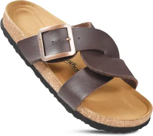 AEROTHOTIC Cork Recovery Slides for Women with Plantar Fasciitis Relief Comfortable Suede Footbed with Adjustable Buckle Cross Strappy Slip on Casual Travel Walking Beach Ladies Sandals