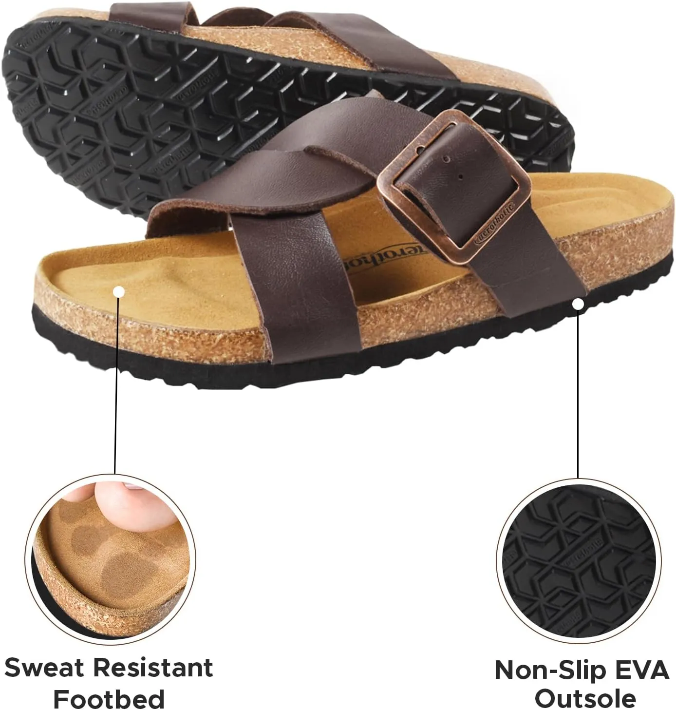 AEROTHOTIC Cork Recovery Slides for Women with Plantar Fasciitis Relief Comfortable Suede Footbed with Adjustable Buckle Cross Strappy Slip on Casual Travel Walking Beach Ladies Sandals