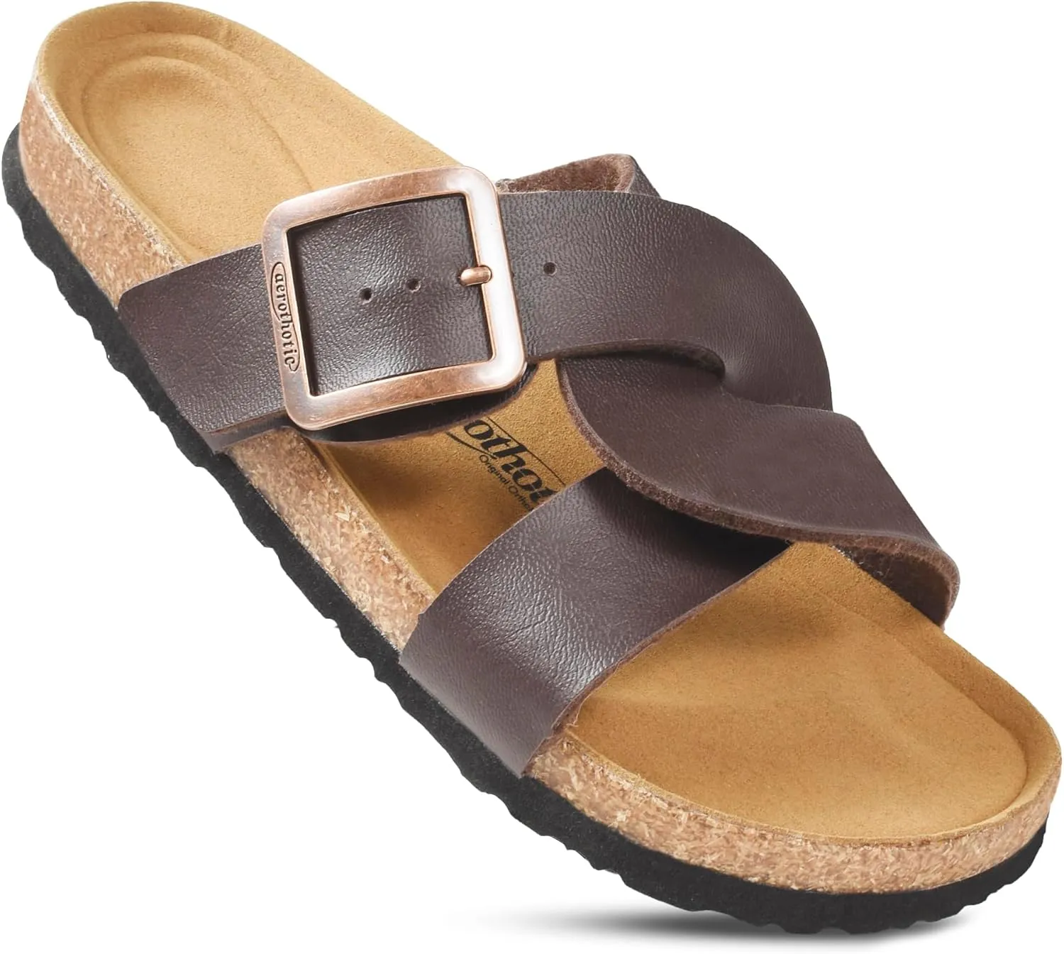 AEROTHOTIC Cork Recovery Slides for Women with Plantar Fasciitis Relief Comfortable Suede Footbed with Adjustable Buckle Cross Strappy Slip on Casual Travel Walking Beach Ladies Sandals