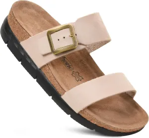 AEROTHOTIC Genuine Leather Slides for Women with Arch Support Comfortable Adjustable Buckle Double Straps with Memory Foam Footbed Slip On Cork Sandals