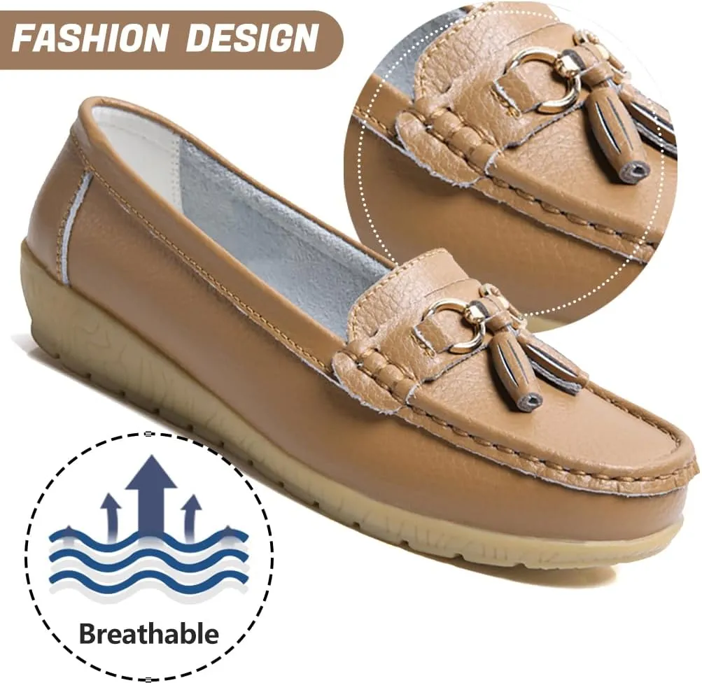 AIFLM Womens Leather Loafer Moccasin Slip on Driving Nurse Walking Working Shoes Non Slip Casual Shoes Light Antiskid Flat Soled Bowknot