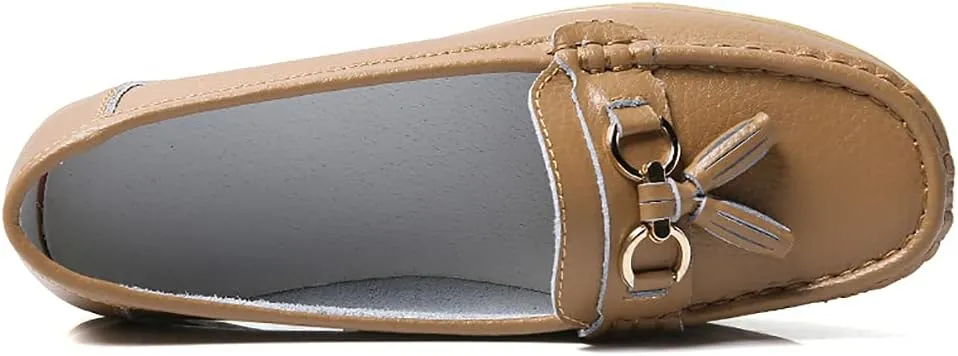 AIFLM Womens Leather Loafer Moccasin Slip on Driving Nurse Walking Working Shoes Non Slip Casual Shoes Light Antiskid Flat Soled Bowknot