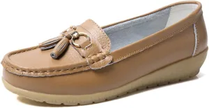 AIFLM Womens Leather Loafer Moccasin Slip on Driving Nurse Walking Working Shoes Non Slip Casual Shoes Light Antiskid Flat Soled Bowknot