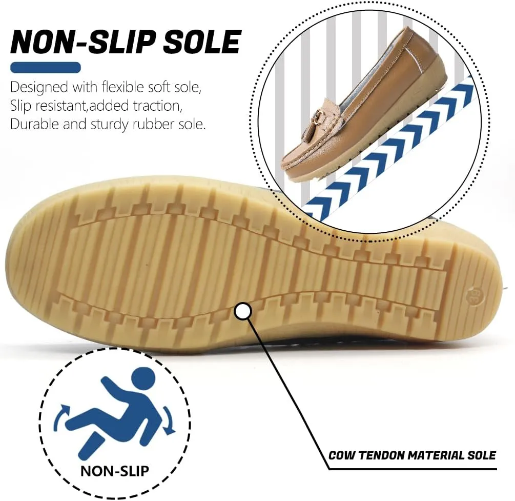 AIFLM Womens Leather Loafer Moccasin Slip on Driving Nurse Walking Working Shoes Non Slip Casual Shoes Light Antiskid Flat Soled Bowknot