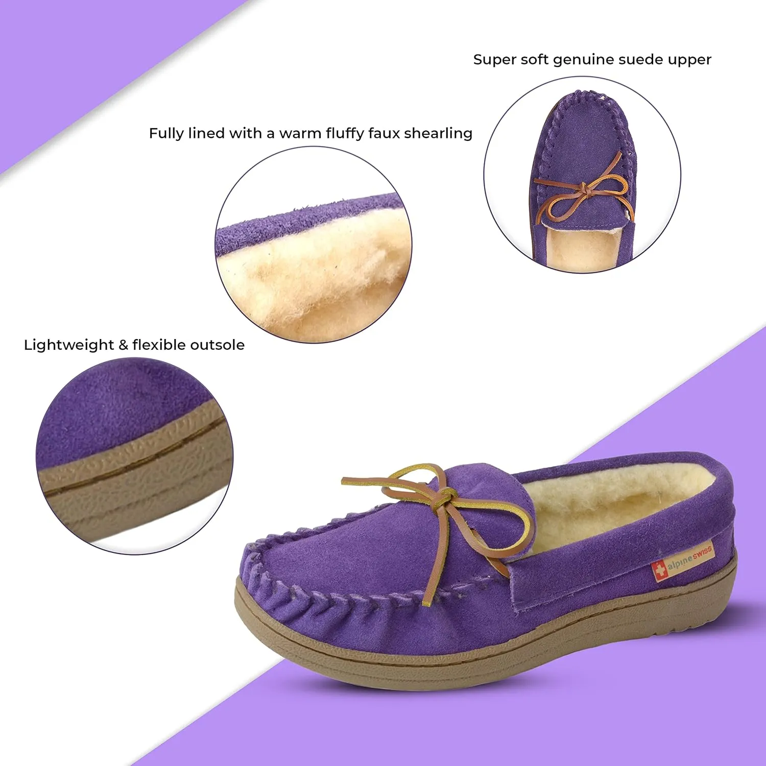 Alpine Swiss Sabine Womens Genuine Suede Shearling Slip On Moccasin Slippers