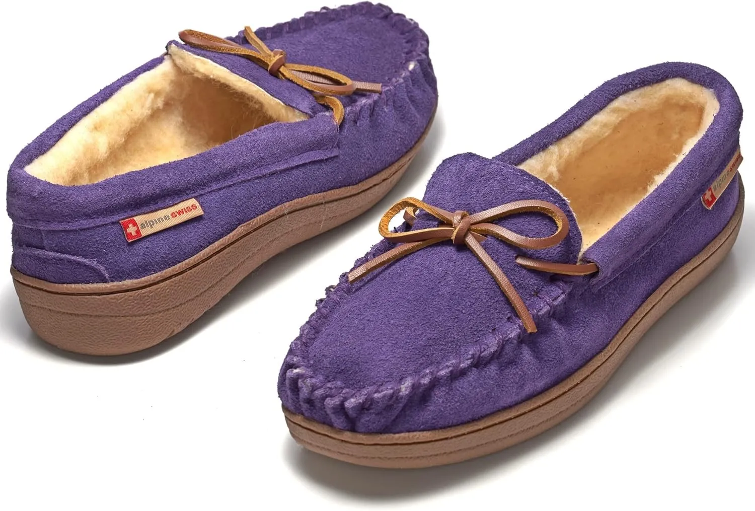 Alpine Swiss Sabine Womens Genuine Suede Shearling Slip On Moccasin Slippers
