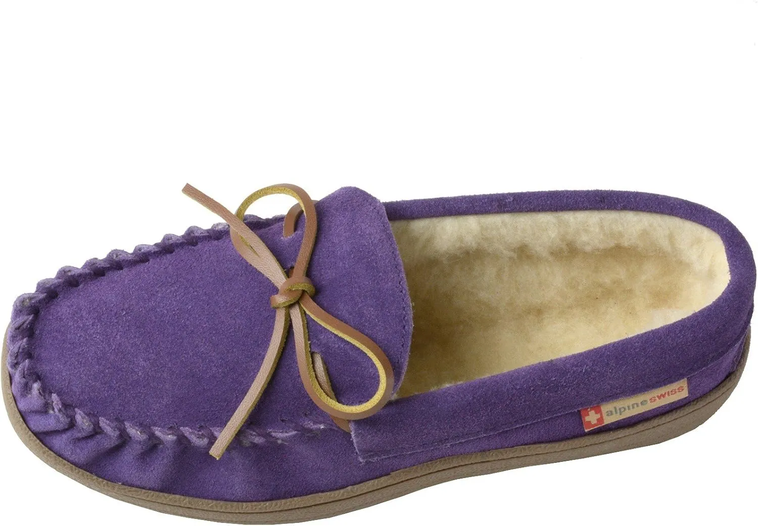 Alpine Swiss Sabine Womens Genuine Suede Shearling Slip On Moccasin Slippers