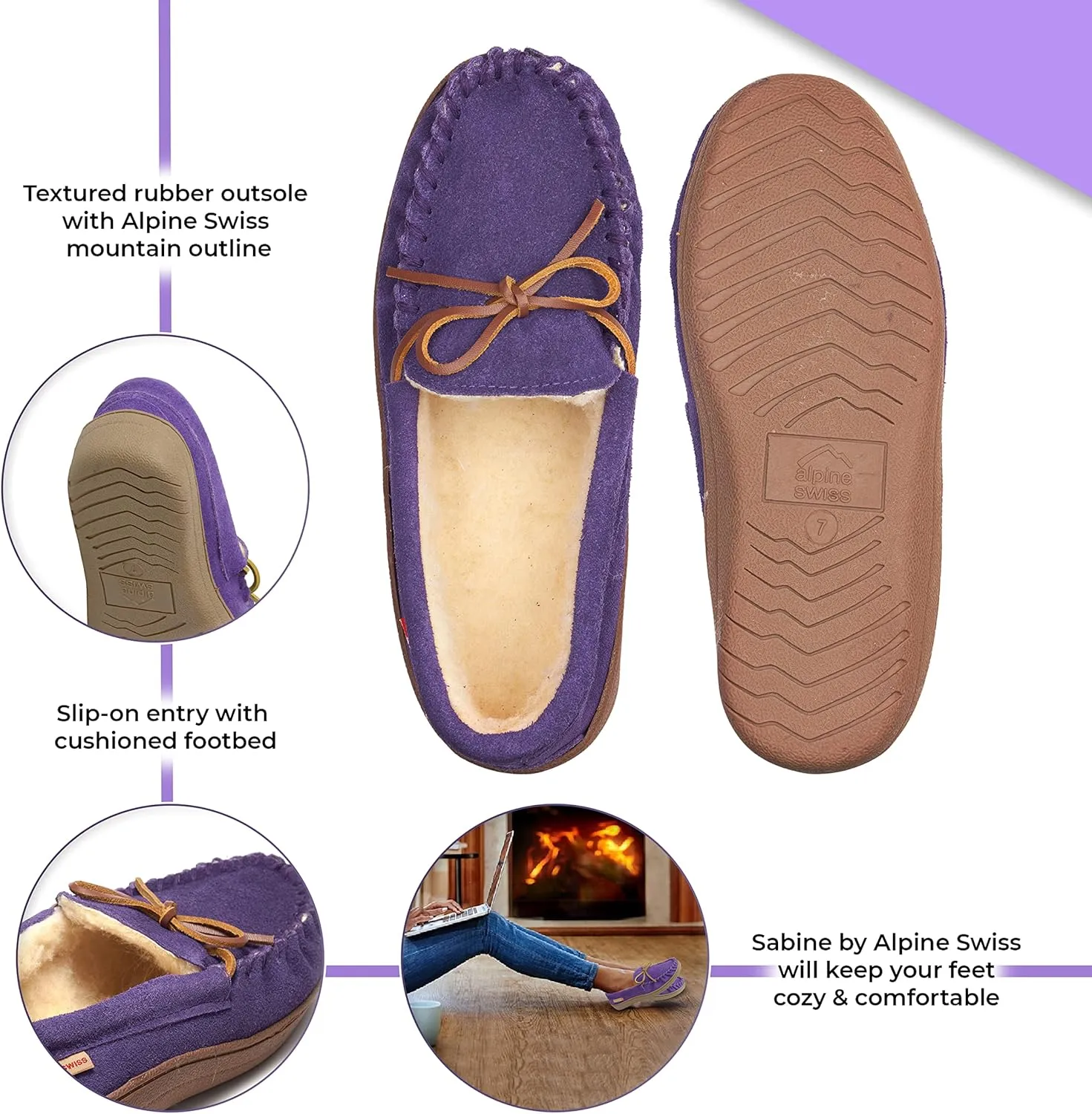 Alpine Swiss Sabine Womens Genuine Suede Shearling Slip On Moccasin Slippers