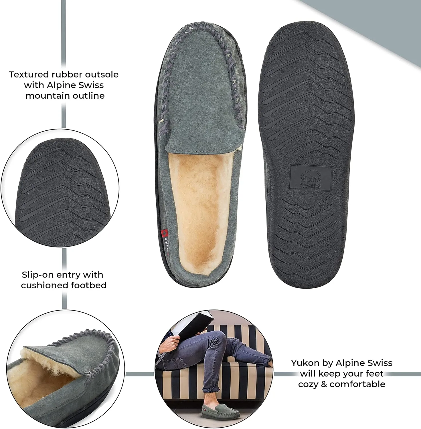 Alpine Swiss Yukon Mens Genuine Suede Shearling Slip On Moccasin Slippers