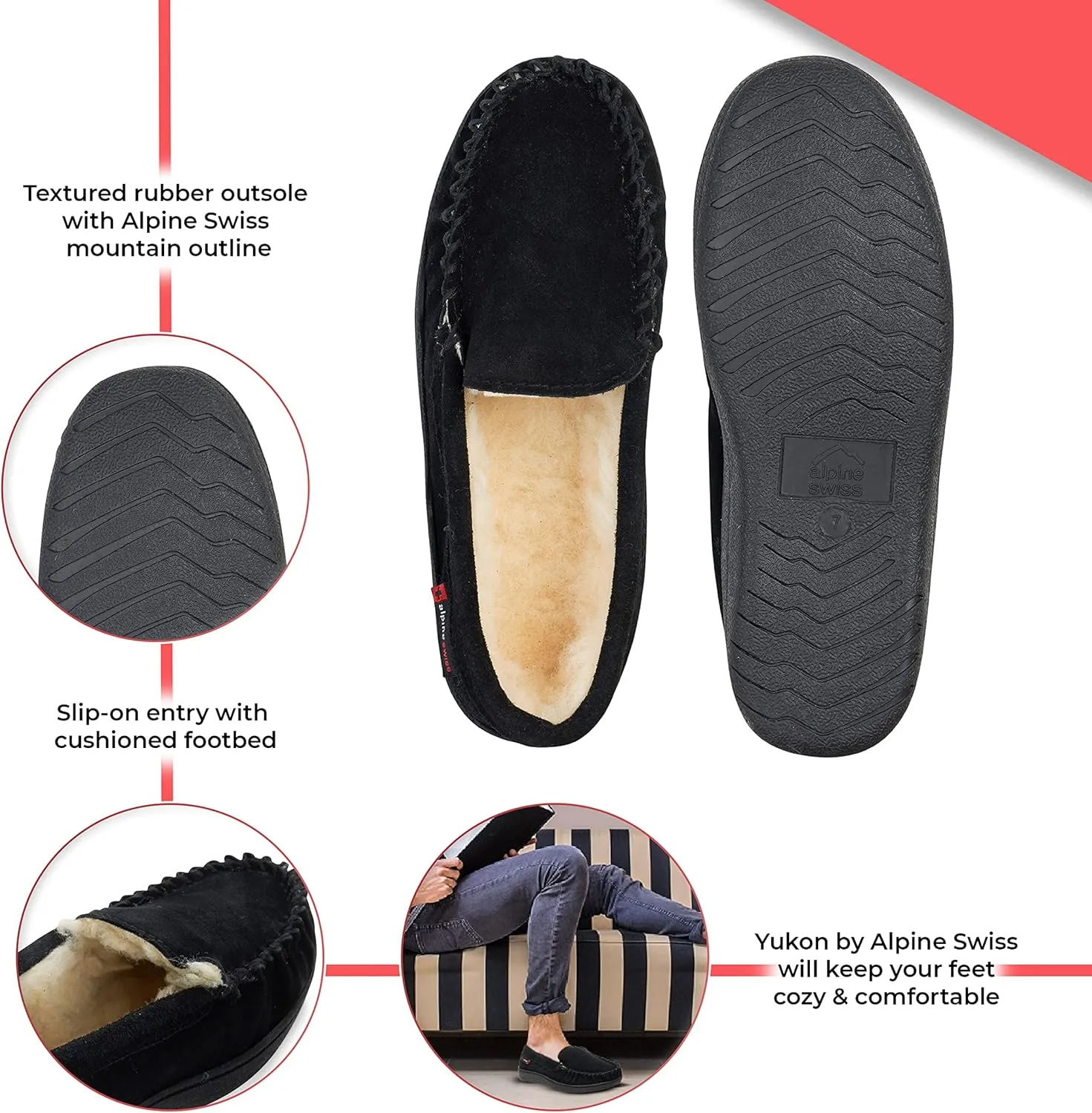 Alpine Swiss Yukon Mens Genuine Suede Shearling Slip On Moccasin Slippers