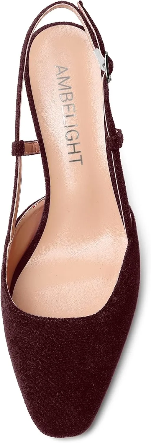 AMBELIGHT Womens Cute Office Square Toe Slingback Slip On Suede Kitten High Heel Pumps Shoes 2.5 Inch