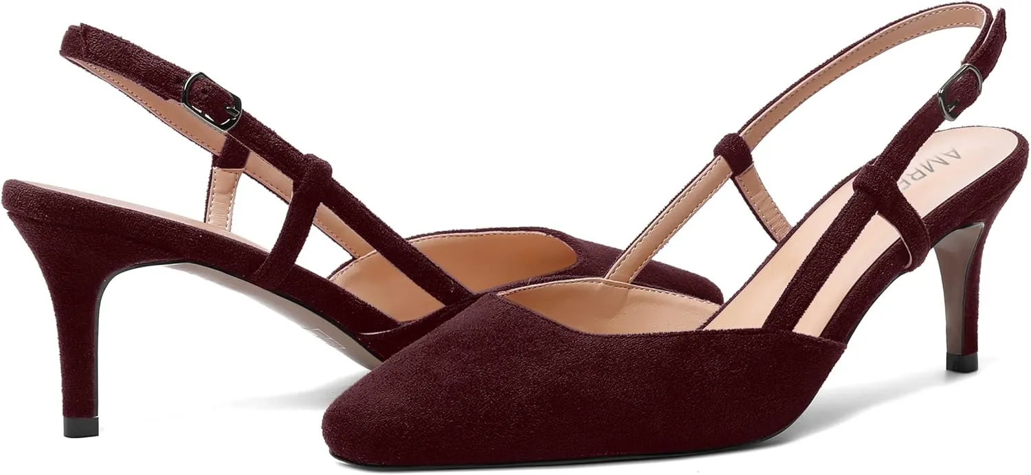 AMBELIGHT Womens Cute Office Square Toe Slingback Slip On Suede Kitten High Heel Pumps Shoes 2.5 Inch
