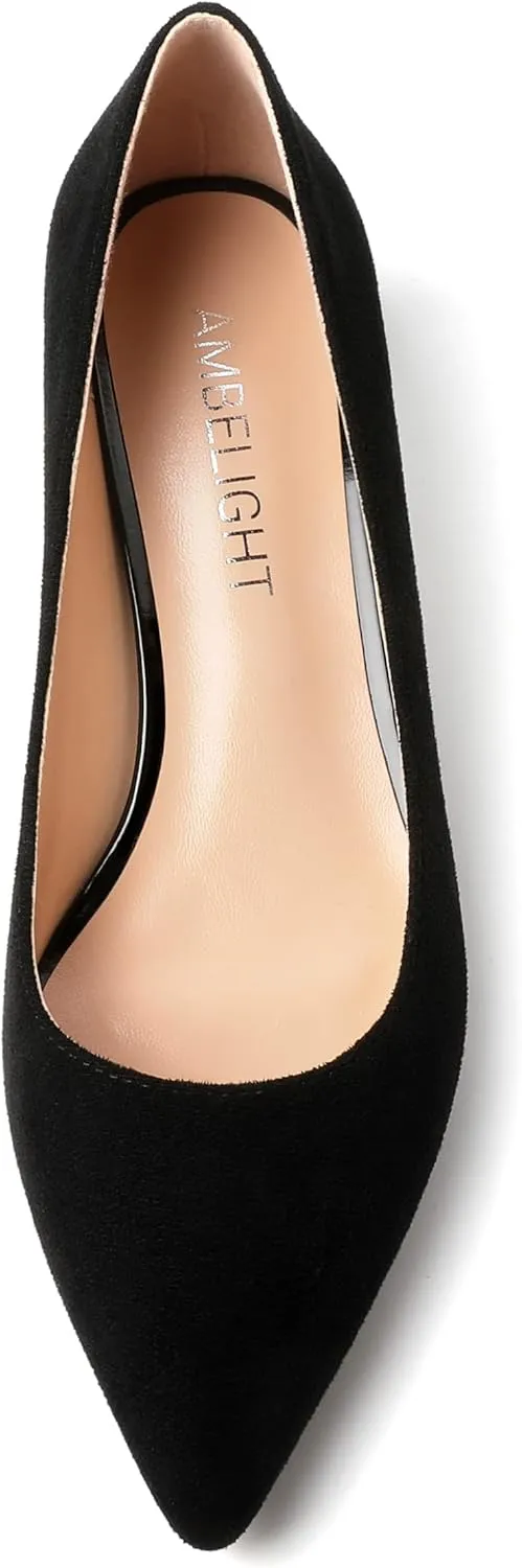 AMBELIGHT Womens Slip On Solid Casual Pointed Toe Office Suede Kitten Low Heel Pumps Shoes 1.5 Inch