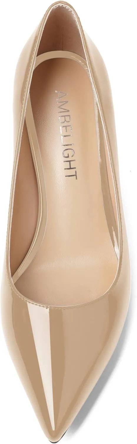 AMBELIGHT Womens Solid Office Dress Slip On Patent Pointed Toe Stiletto Mid Heel Pumps Shoes 2.5 Inch