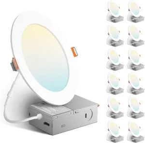 Amico 12 Pack 6 Inch 5CCT Ultra-Thin LED Recessed Ceiling Light with Metal Junction Box, 2700K-5000K Selectable, 12W Eqv 110W, Dimmable Canless Wafer Downlight with Plastic Trim, 1050 Lumens -ETL&FCC