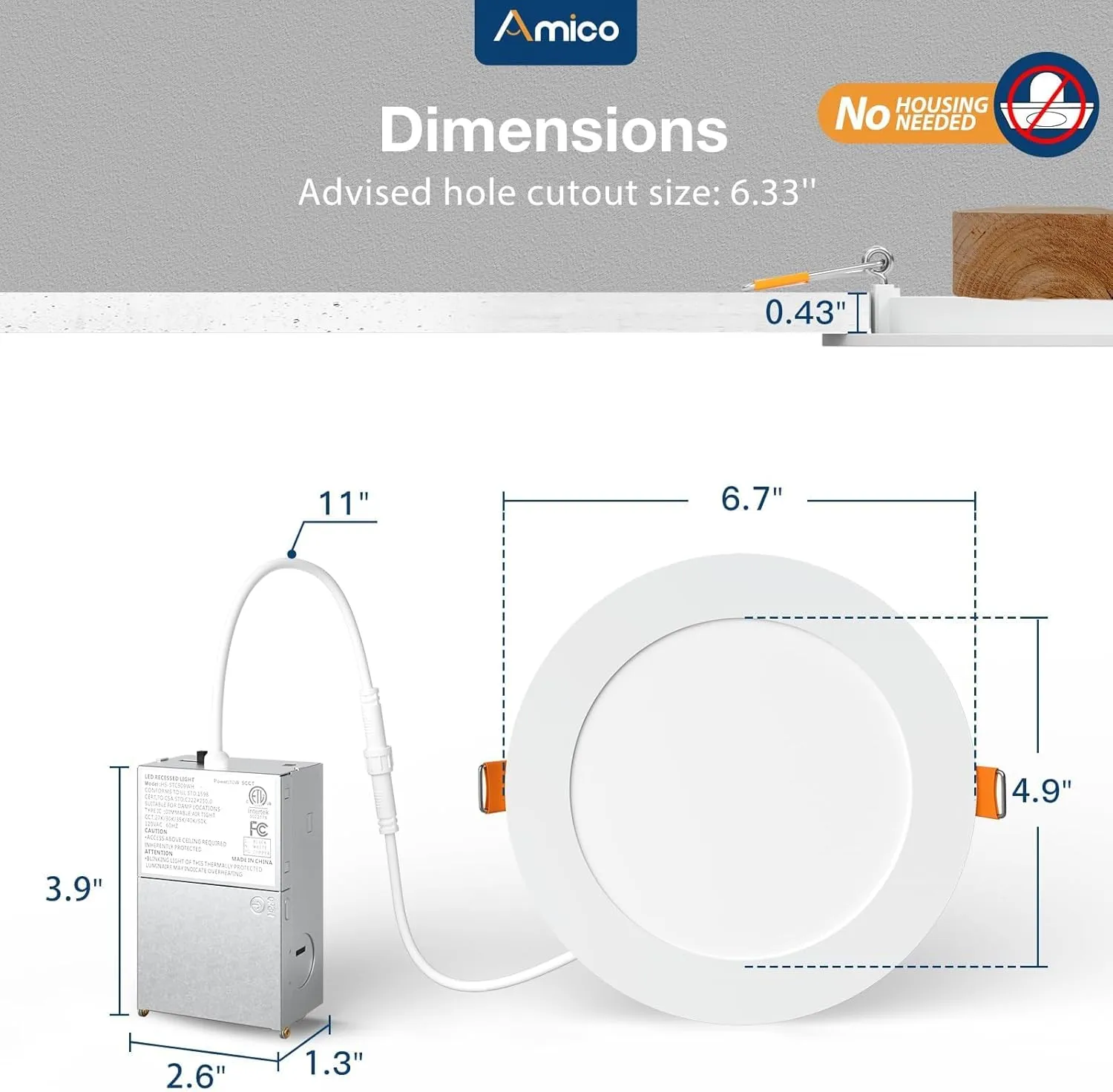 Amico 12 Pack 6 Inch 5CCT Ultra-Thin LED Recessed Ceiling Light with Metal Junction Box, 2700K-5000K Selectable, 12W Eqv 110W, Dimmable Canless Wafer Downlight with Plastic Trim, 1050 Lumens -ETL&FCC