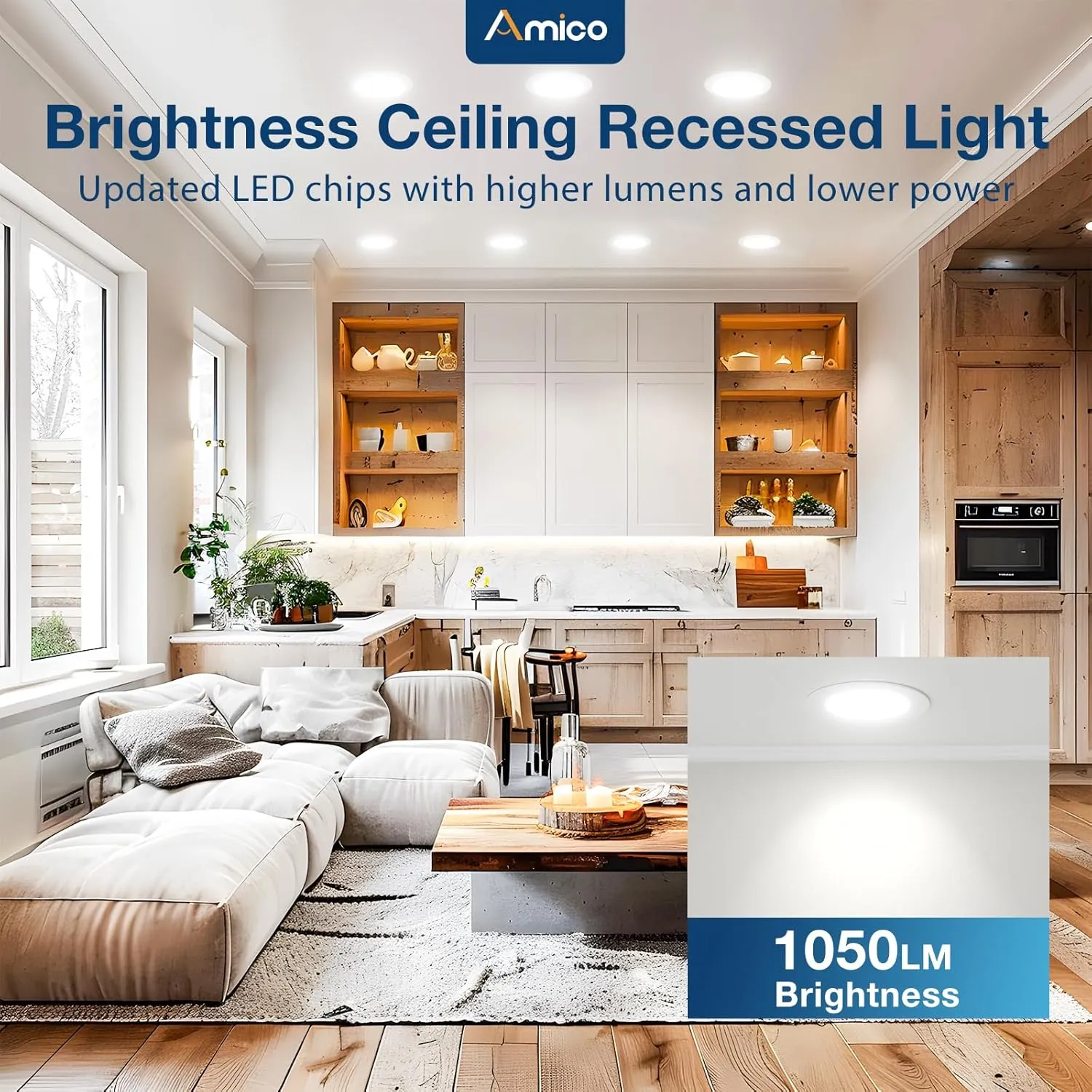 Amico 12 Pack 6 Inch 5CCT Ultra-Thin LED Recessed Ceiling Light with Metal Junction Box, 2700K-5000K Selectable, 12W Eqv 110W, Dimmable Canless Wafer Downlight with Plastic Trim, 1050 Lumens -ETL&FCC