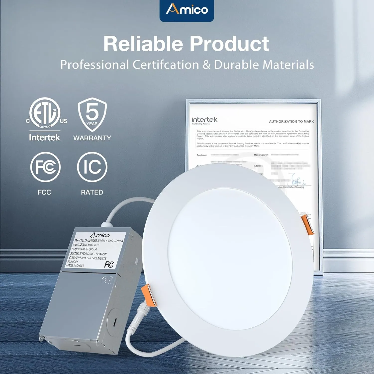 Amico 12 Pack 6 Inch 5CCT Ultra-Thin LED Recessed Ceiling Light with Metal Junction Box, 2700K-5000K Selectable, 12W Eqv 110W, Dimmable Canless Wafer Downlight with Plastic Trim, 1050 Lumens -ETL&FCC