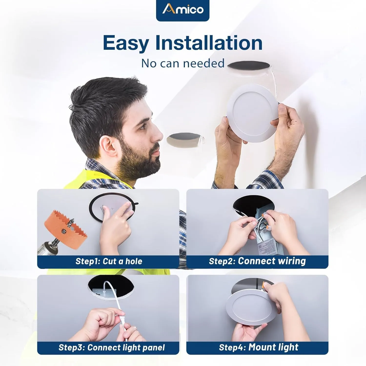 Amico 12 Pack 6 Inch 5CCT Ultra-Thin LED Recessed Ceiling Light with Metal Junction Box, 2700K-5000K Selectable, 12W Eqv 110W, Dimmable Canless Wafer Downlight with Plastic Trim, 1050 Lumens -ETL&FCC