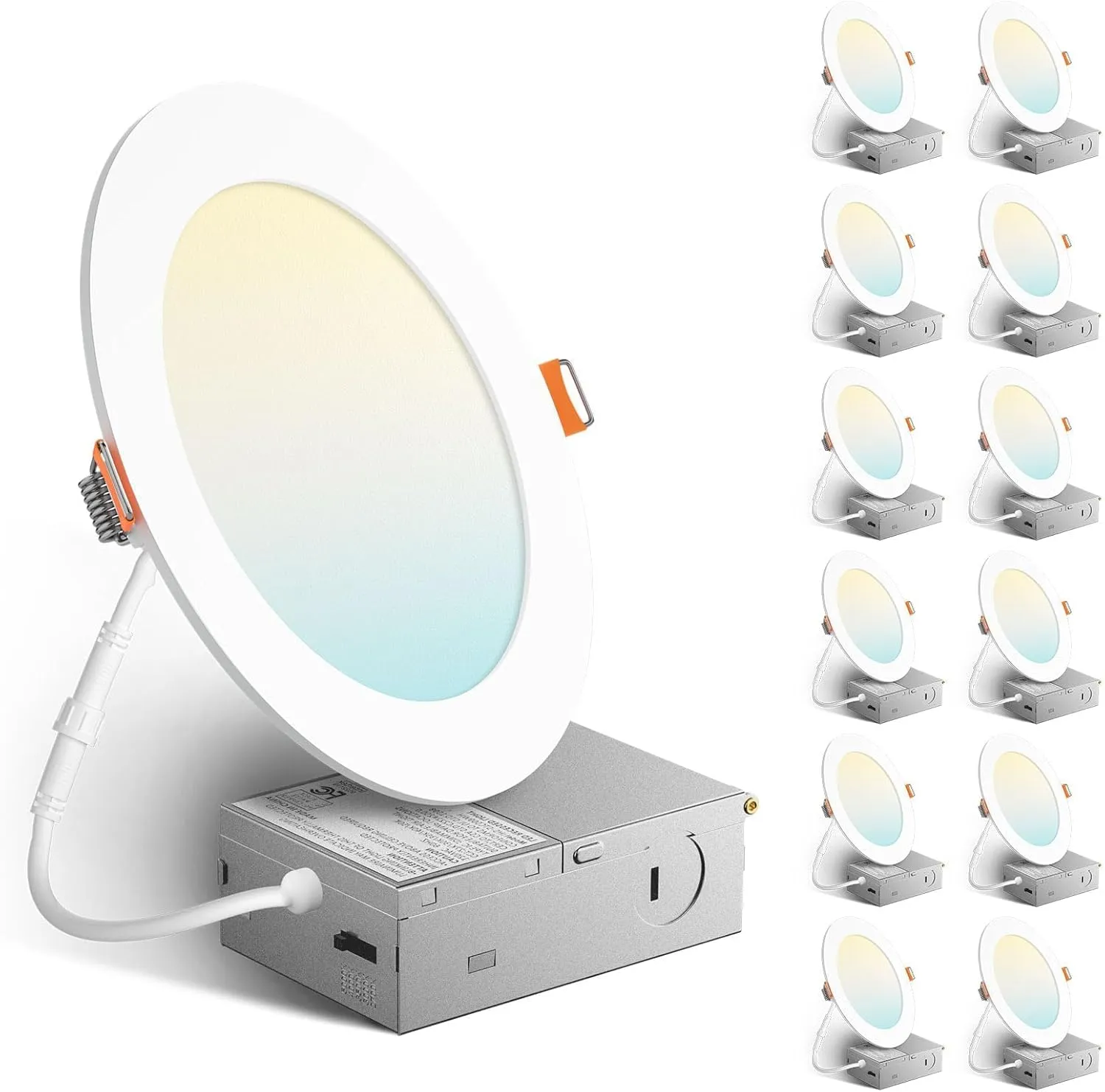 Amico 12 Pack 6 Inch 5CCT Ultra-Thin LED Recessed Ceiling Light with Metal Junction Box, 2700K-5000K Selectable, 12W Eqv 110W, Dimmable Canless Wafer Downlight with Plastic Trim, 1050 Lumens -ETL&FCC
