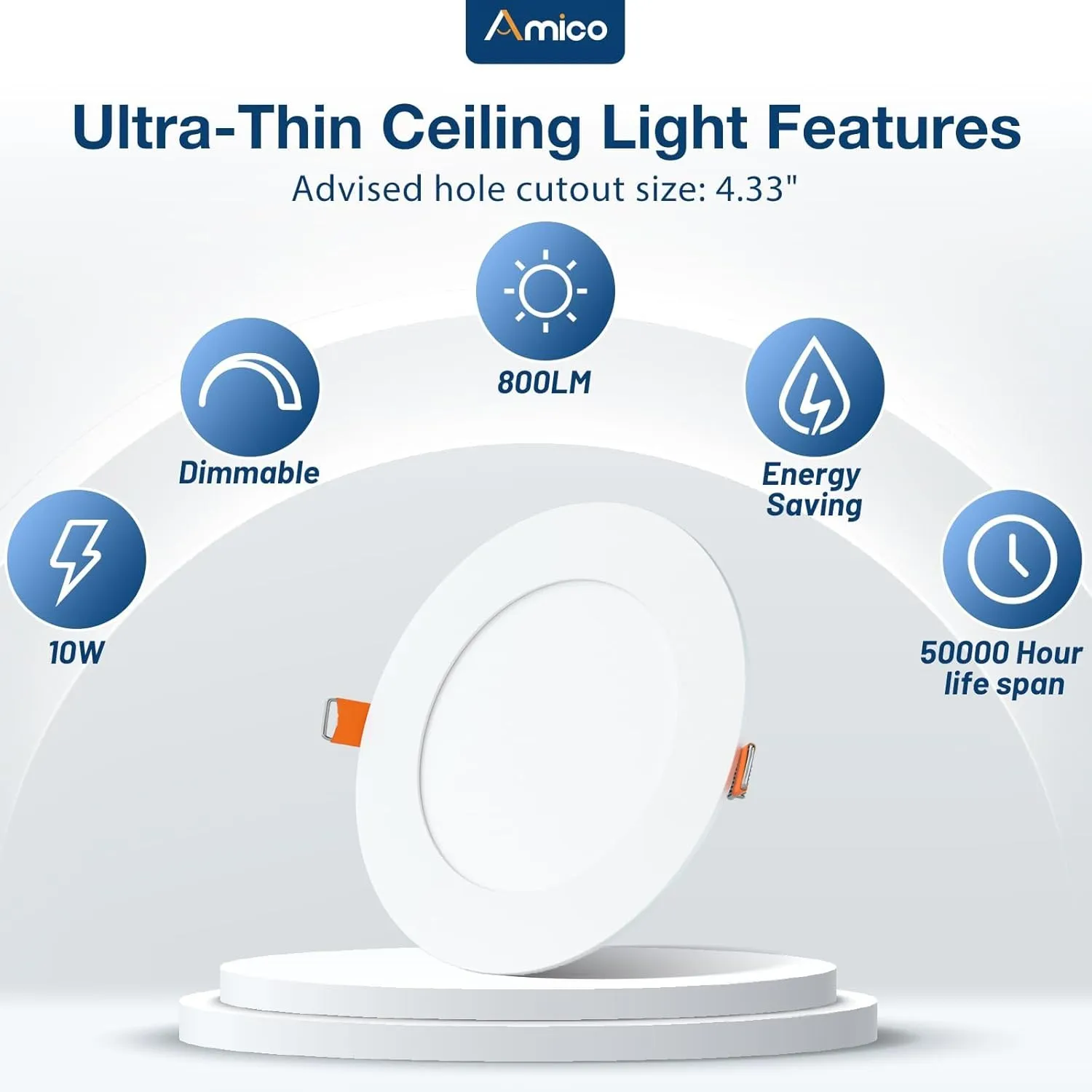 Amico 6 Pack 4 Inch 5CCT Ultra-Thin LED Recessed Dimmable Ceiling Light with Junction Box, 2700K/3000K/3500K/4000K/5000K Selectable, 10W Eqv 60W, 800 Lumens, High Brightness Downlight - ETL&FCC