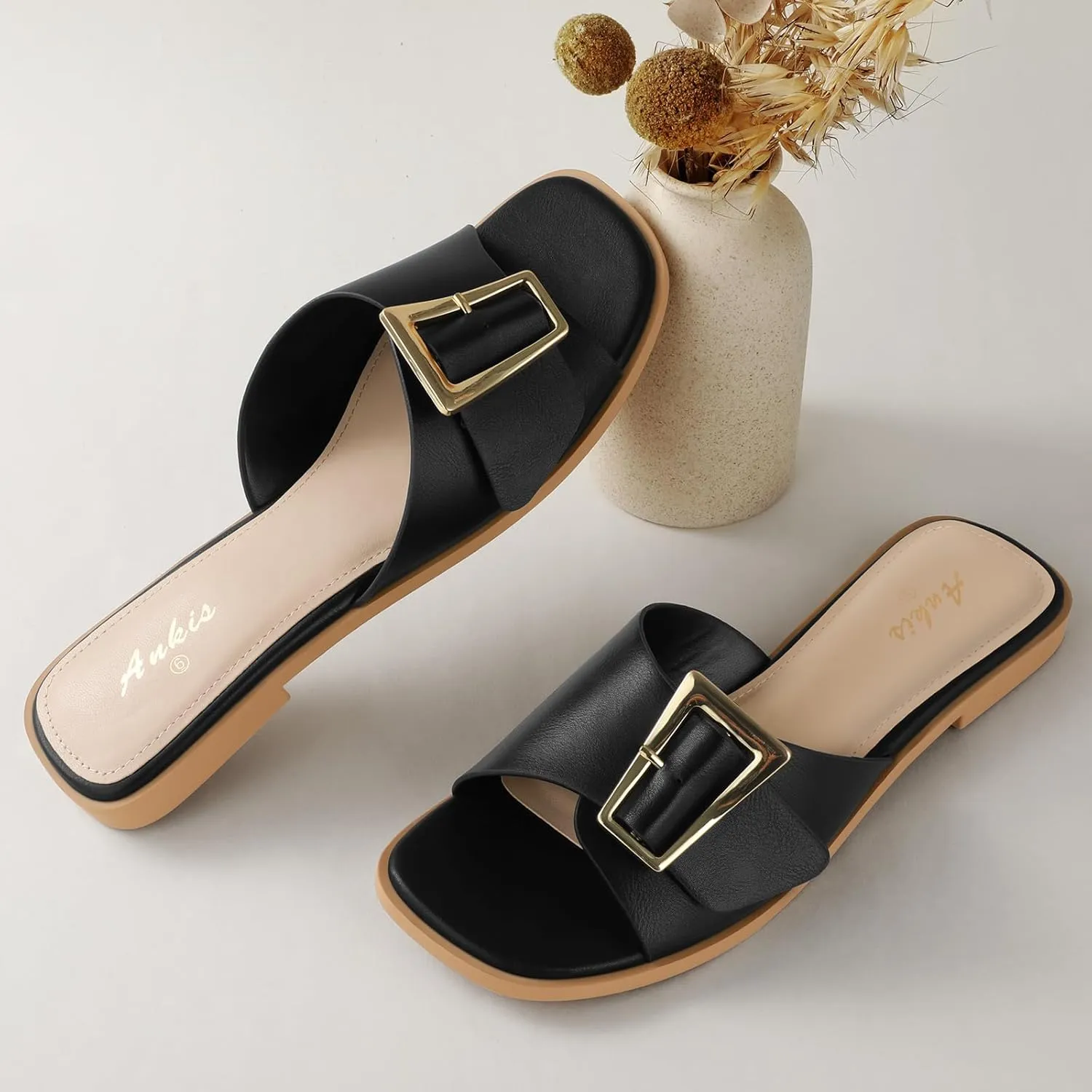 Ankis Black White Brown Women's Flat Sandals Comfortable Flat Sandals for Dressy Summer Women's Slide Sandals