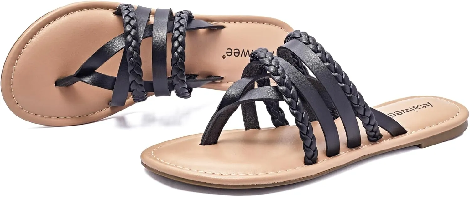 Ataiwee Women's Slide Flat Sandals - Comfortable Slip On Plait Toe Thong Strappy Spring Summer Shoes.