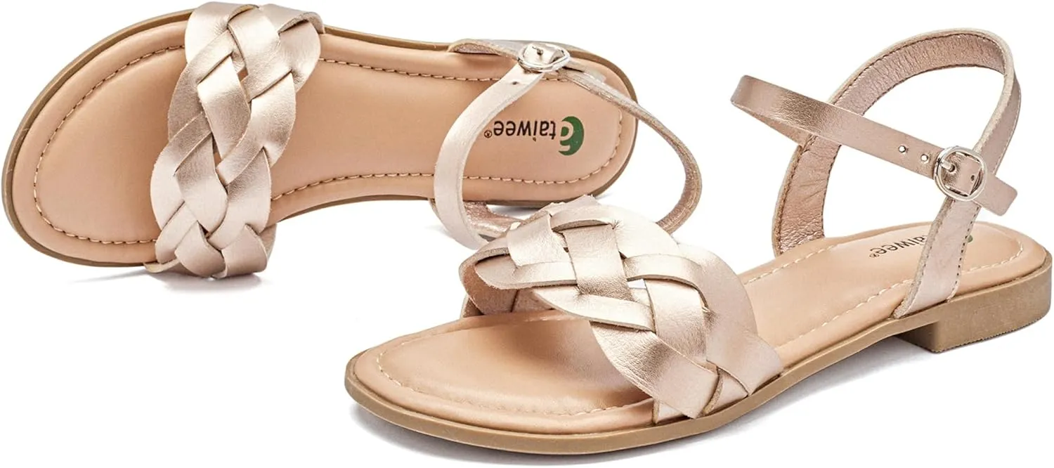 Ataiwee Women's Slide Flat Sandals - Comfortable Slip On Plait Toe Thong Strappy Spring Summer Shoes.