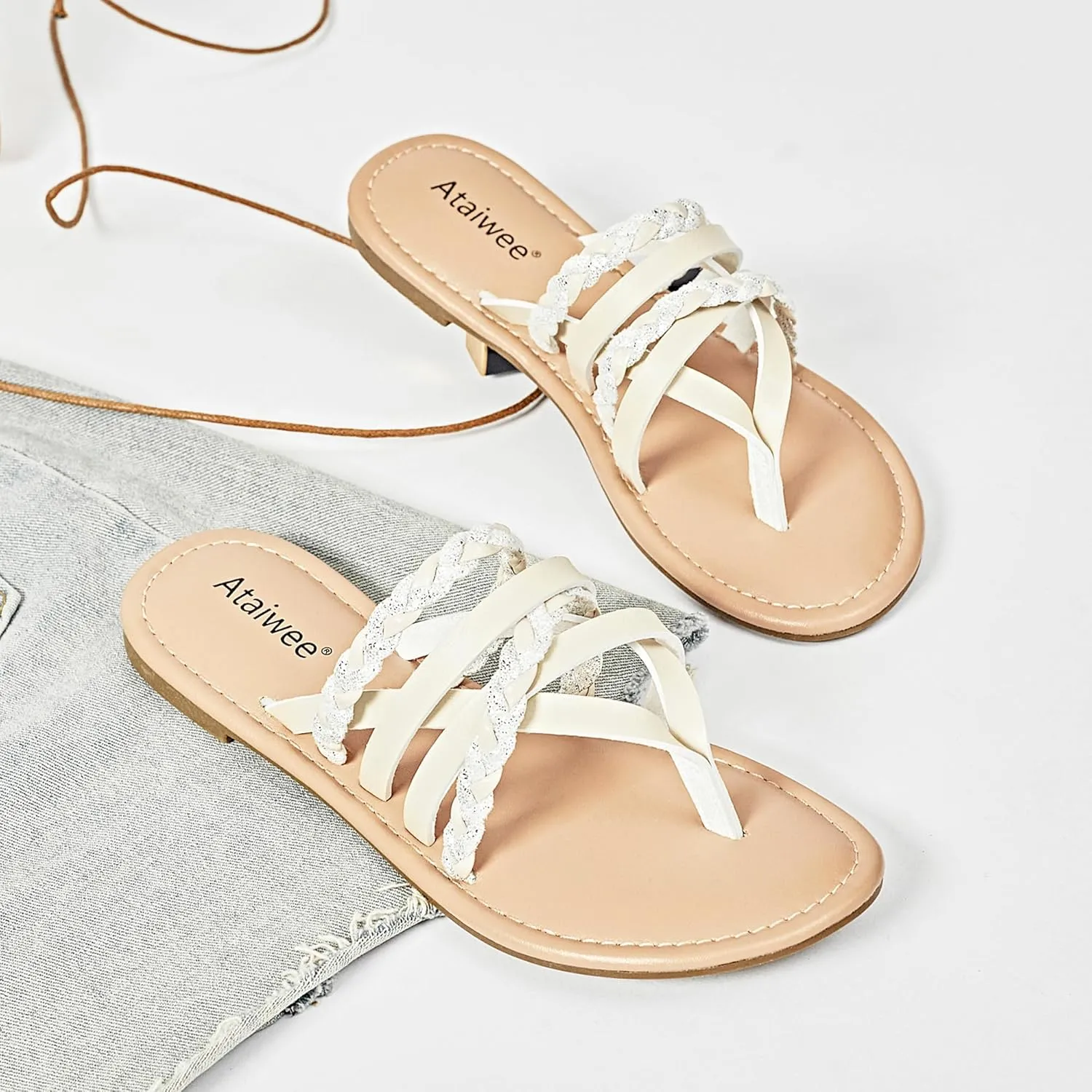 Ataiwee Women's Slide Flat Sandals - Comfortable Slip On Plait Toe Thong Strappy Spring Summer Shoes.