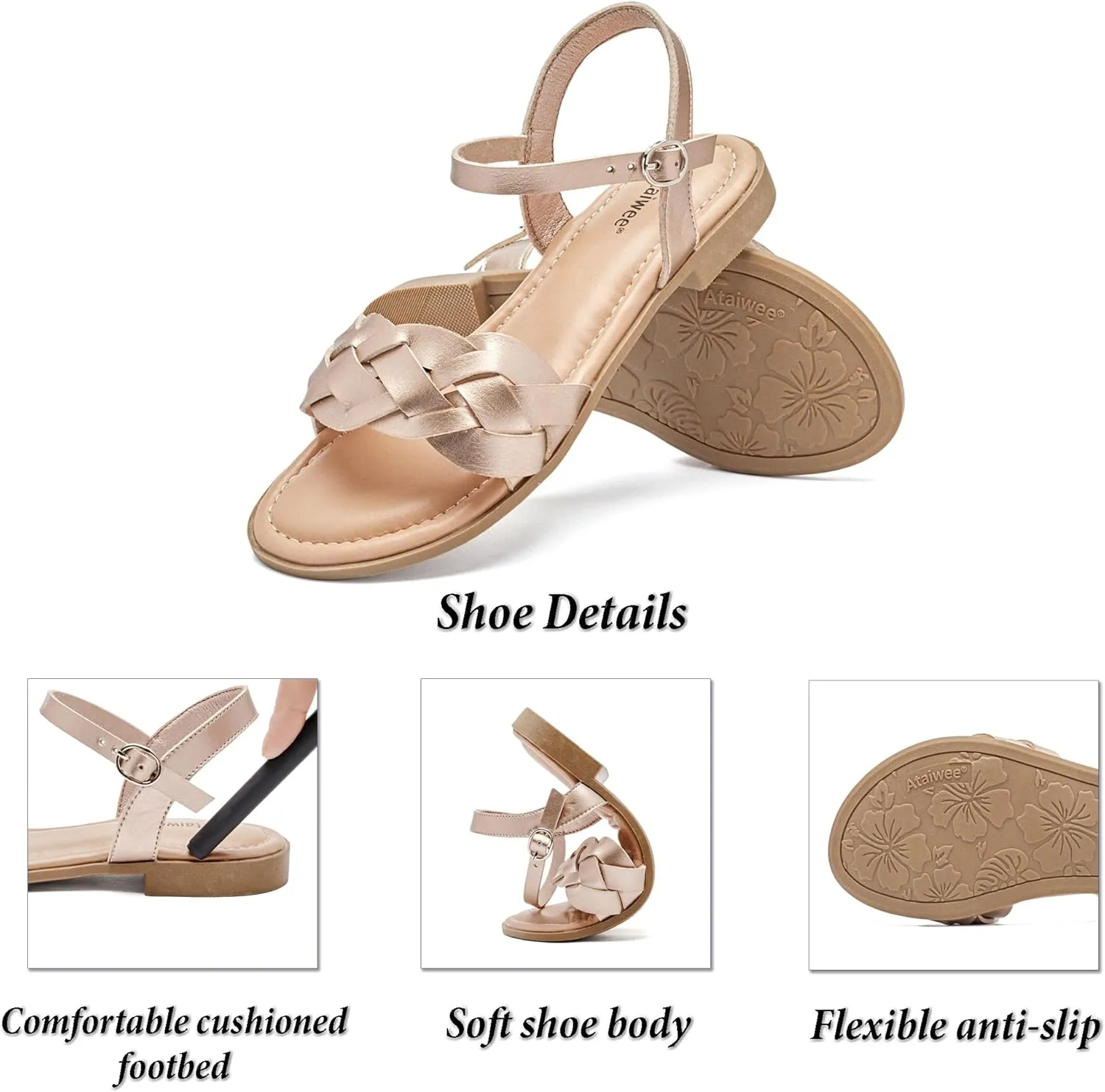 Ataiwee Women's Slide Flat Sandals - Comfortable Slip On Plait Toe Thong Strappy Spring Summer Shoes.