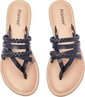 Ataiwee Women's Slide Flat Sandals - Comfortable Slip On Plait Toe Thong Strappy Spring Summer Shoes.