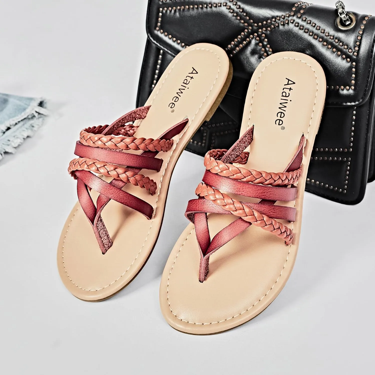 Ataiwee Women's Slide Flat Sandals - Comfortable Slip On Plait Toe Thong Strappy Spring Summer Shoes.
