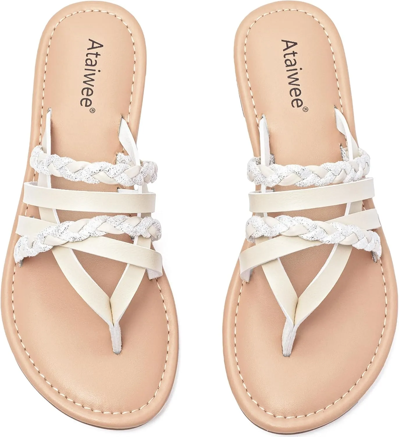 Ataiwee Women's Slide Flat Sandals - Comfortable Slip On Plait Toe Thong Strappy Spring Summer Shoes.
