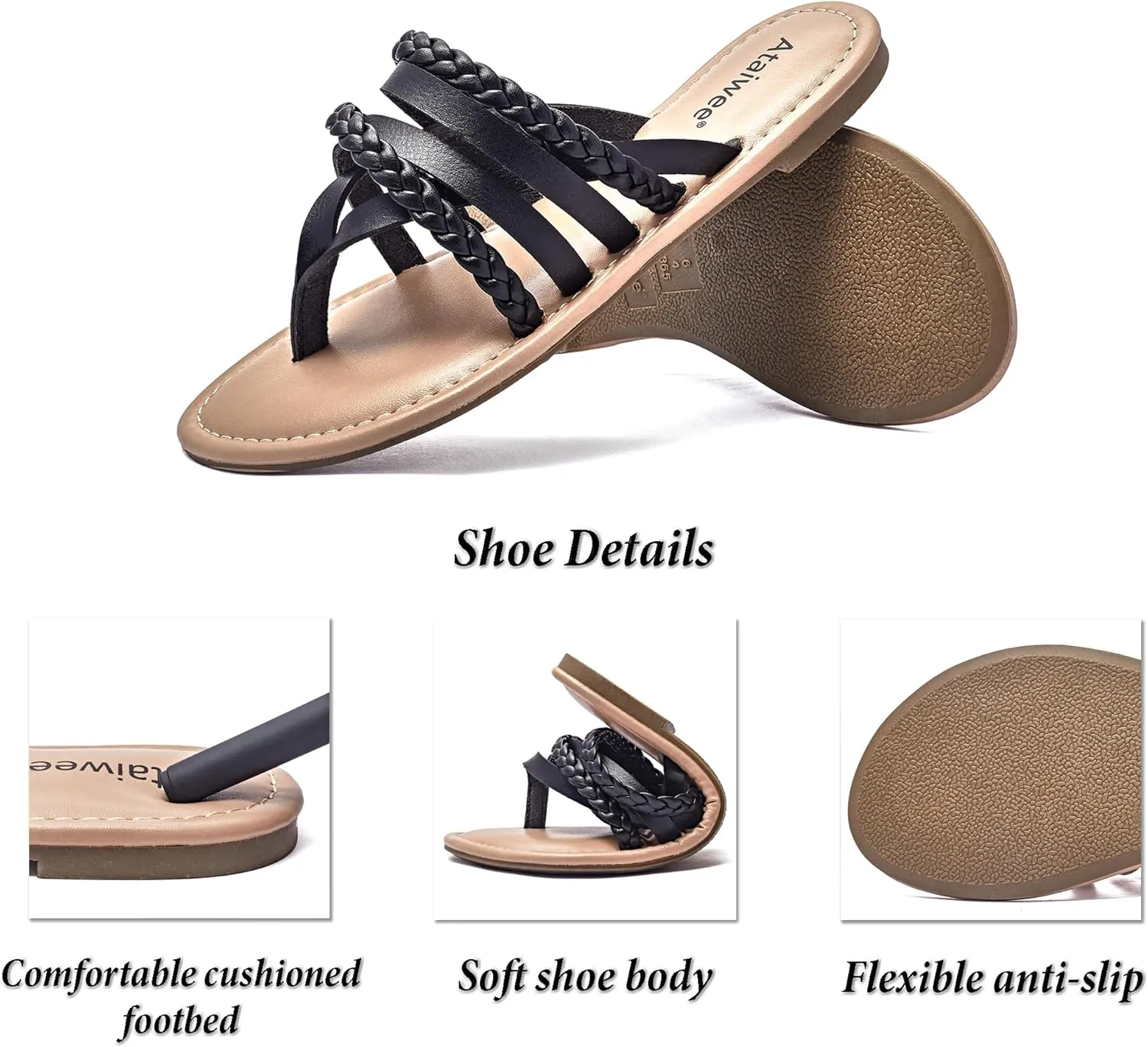 Ataiwee Women's Slide Flat Sandals - Comfortable Slip On Plait Toe Thong Strappy Spring Summer Shoes.