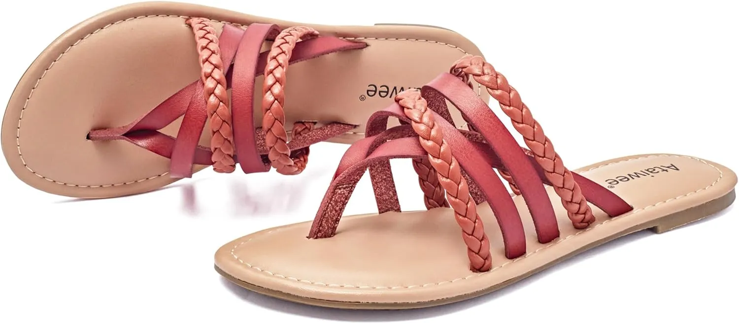 Ataiwee Women's Slide Flat Sandals - Comfortable Slip On Plait Toe Thong Strappy Spring Summer Shoes.