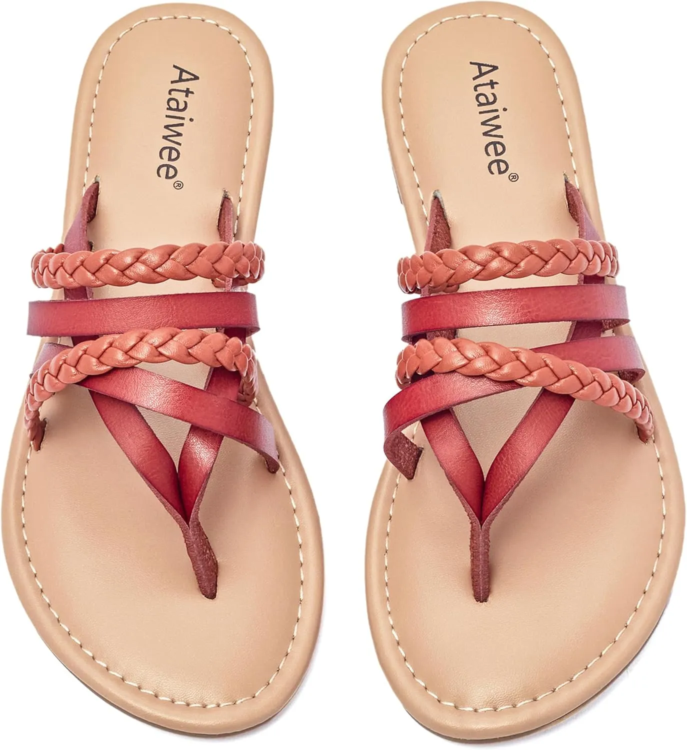 Ataiwee Women's Slide Flat Sandals - Comfortable Slip On Plait Toe Thong Strappy Spring Summer Shoes.